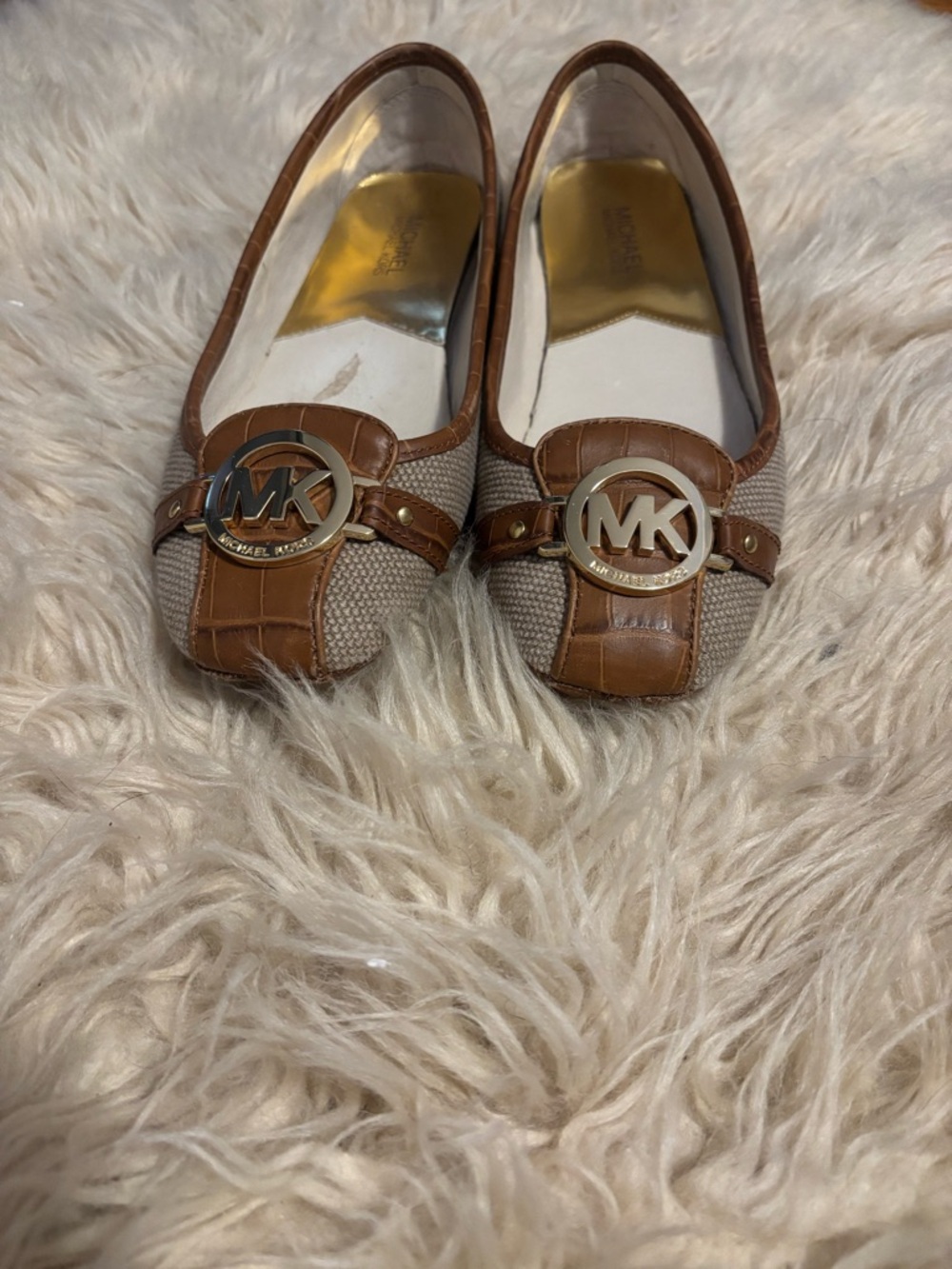 Michael Kors Brown & Beige Leather-Trim Logo Flats